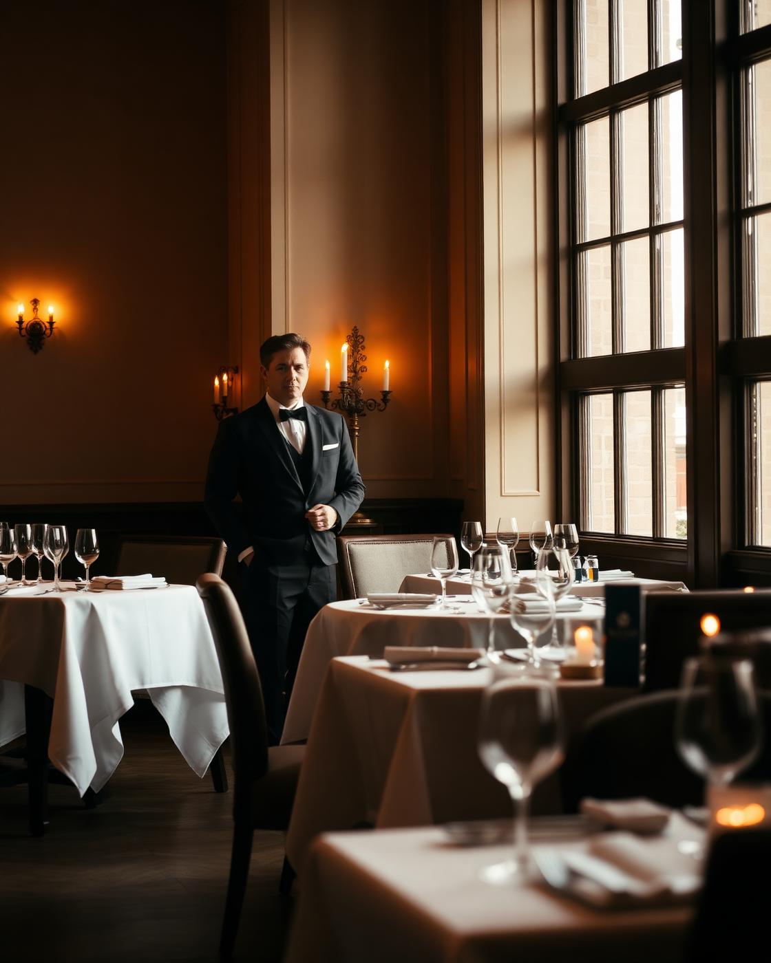 A server discreetly adjusting the placement of a glass and napkin toward a guest's preferred side of the table.