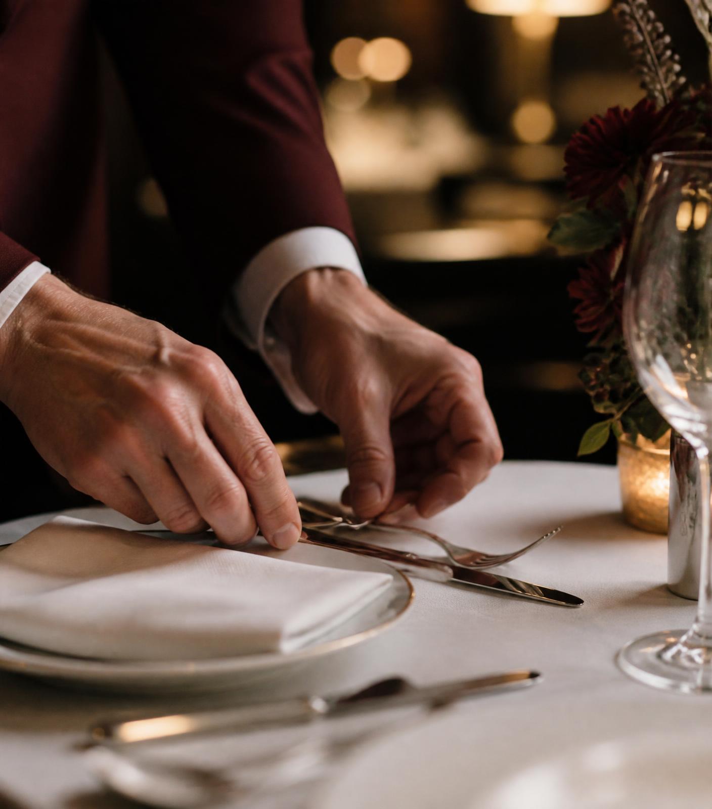 Close view of a server's hands making a small correction to the alignment of cutlery on white linen.