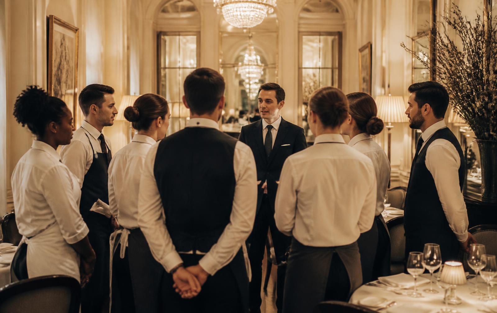 A hospitality team gathered for a pre-service briefing in a dining room.